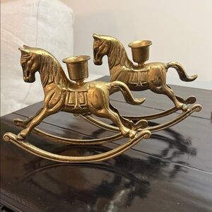 Adorable Pair of Brass Rocking Horse Candle Holders